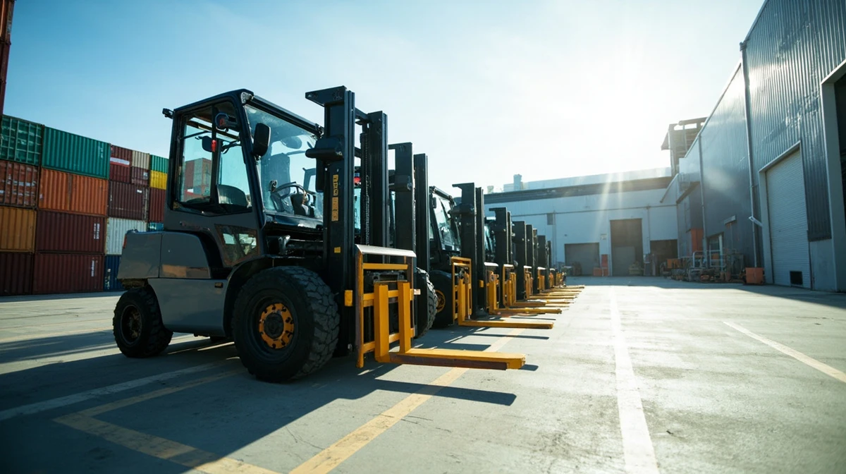 Forklift carriage with a side-shifting attachment mounted in a warehouse aisle